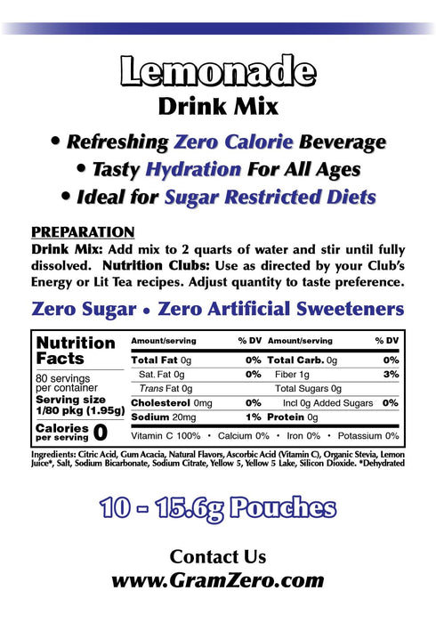 GramZero Lemonade, Sugar Free Drink Mix, Pitcher Pack, Great For Nutrition Club Loaded Tea, Zero Calorie, Stevia Sweetened...
