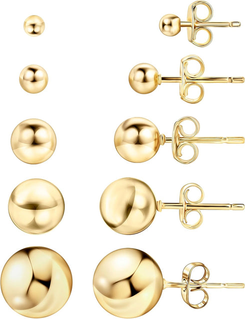 Barzel 18K Gold Plated Ball Stud Earrings Set, Sizes 3-10MM, 5 Pack, High Polish Finish Ball Suds...