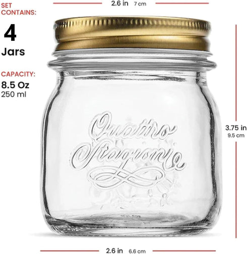 Bormioli Rocco Quattro Stagioni set of 4 Clear Airtight Mason Jars, 8.5 Oz. Made from BPA Free Durable Glass, Made In Italy....