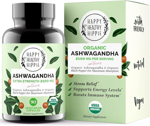 Organic Ashwagandha Capsules 2100mg – Stress Relief Supplement - Extra Strength - 100% Herbal, USDA Organic Ashwagandha Root Powder Extract w/ Bla...