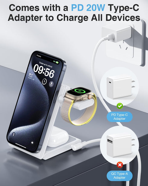 2024 Upgraded 3 in 1 Foldable Magnetic Wireless Charging Station with PD 20W USB-C Adapter, Compatible with MagSafe, Charger Stand for iPhone 15/1...