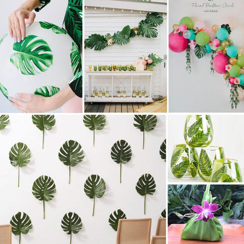 OurWarm 24pcs Large Artificial Tropical Palm Leaves, Faux Safari Leaves Monstera Fake Leaves, Hawaiian Luau Party Jungle Beach Theme Decorations f...