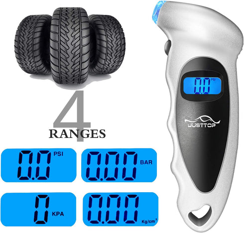 JUSTTOP Digital Tire Pressure Gauge, 150PSI 4 Setting for Cars, Trucks and Bicycles, Backlit LCD and Anti-Skid Grip for Easy and Accurate Reading(...