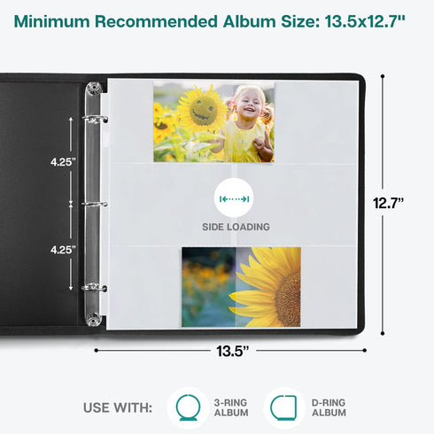 Dunwell Photo Album Refill Pages 12x12, (10 Pack, 4x6 Horizontal) Holds 120 Photos, Clear Plastic 4 x 6 Photo Sleeves for 3 Ring Binder, D-Ring Sc...