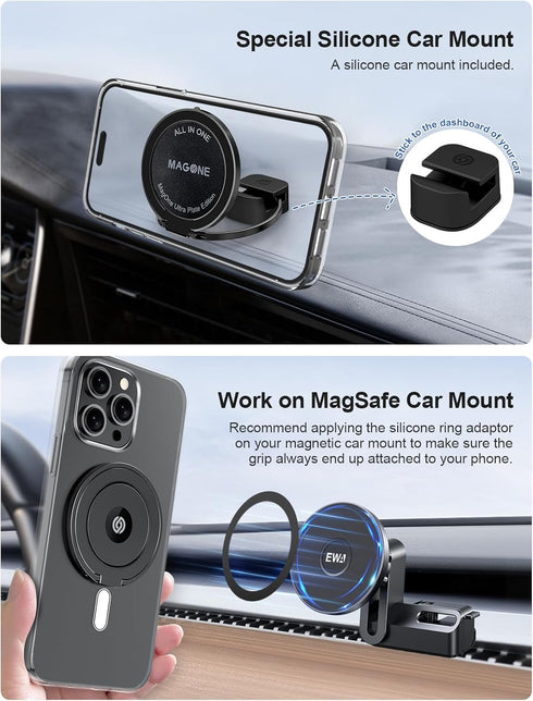 EWA MagOne Ultra (Plate Edition) Phone Grip Stand with Leather Finger Strap, Removable Magnetic Ring Holder Kickstand Loop, Double-Sided Magnetic ...