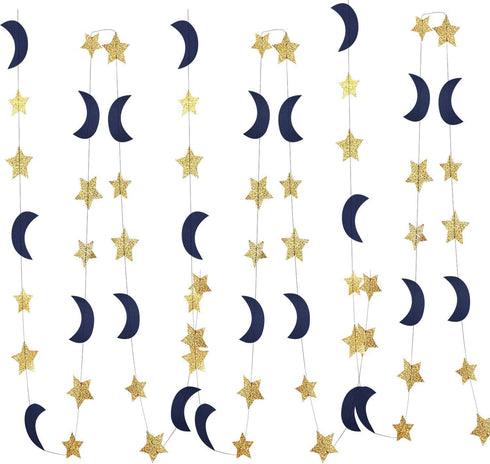 Moon and Star Garland Decorations - Navy Gold Glitter Outer Space Birthday Party Hanging Decorations for Honey Moon Wedding Engagement and Baby Sh...