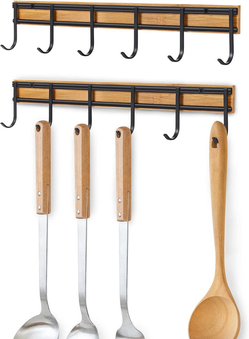 Kitchen Utensil Rack, Wall Hooks Rack Kitchen Rail, Wall Mounted Accessory Hanger with 6 Hooks for Kitchen Bathroom Bedroom, Pack of 2...