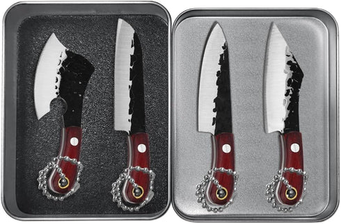 4pcs Pocket Knife Set Mini Chef Cleaver Knife with Leather Sheaths and Iron Case for Box Cutter, Cutting Fruits and Necklace Pendant Decor...
