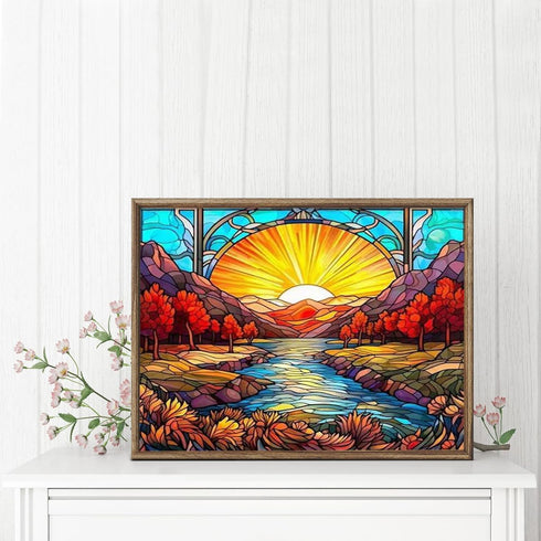 IPISSOI Stained Glass Sunrise Diamond Painting Kits for Adults, Landscape Diamond Art Kits for Beginner, Paint with Diamonds Pictures DIY Full Dri...