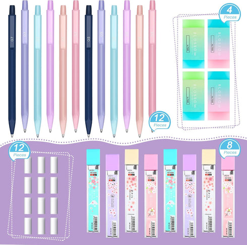 36 Pcs Mechanical Pencil Set, 12 Pcs Pastel Cute Mechanical Pencils 0.5 mm 0.7 mm with 8 Tubes HB Resin Refills, 4 Pcs Erasers and 12 Pcs Cap Eras...