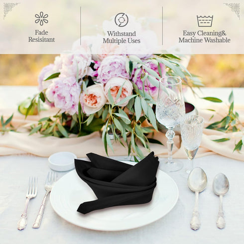 PLOYMONO Black Heavy Duty Polyester Napkins - 17 x 17 Inch Solid Washable Cloth Dinner Napkins - Set of 8 Napkins with Hemmed Edges - Great for We...