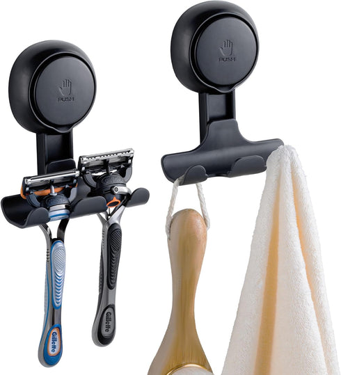 TAILI Shower Razor Holder Suction Cup 2 Packs, Heavy Duty Reusable Vacuum Suction Razor Hook, Bathroom Wall Hooks for Razor Towel Robe, Black...