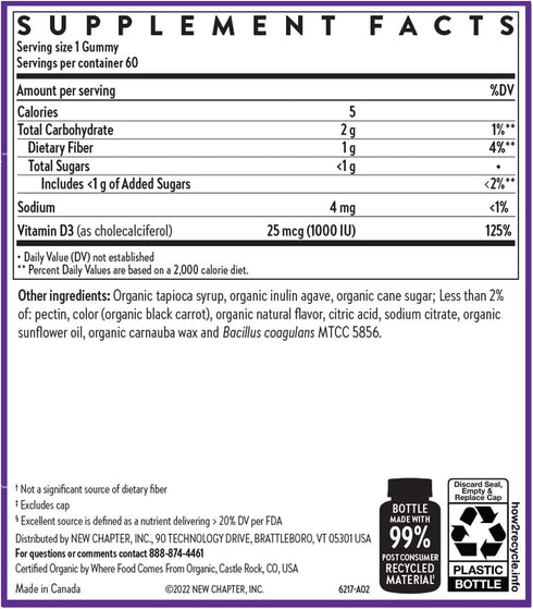New Chapter Organic Vitamin D3+ Gummies – 72% Less Sugar§, 1,000 IU USDA Organic Vitamin D, ONE Daily Gummy for Strong Bones & Muscle Function, No...
