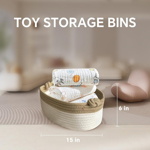 Small Woven Rope Storage Basket, Baby Basket for Towels, Dog Toy Basket with Handle, Cute Cotton Basket for Boho Decorative Basket for Nursery, Ki...