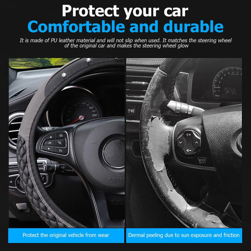 Car Steering Wheel Cover, Bling Diamond Crown Elastic Leather Steering Wheel Protector, Universal 15 Inch, Non-Slip & Breathable, Sparkly Crystal ...