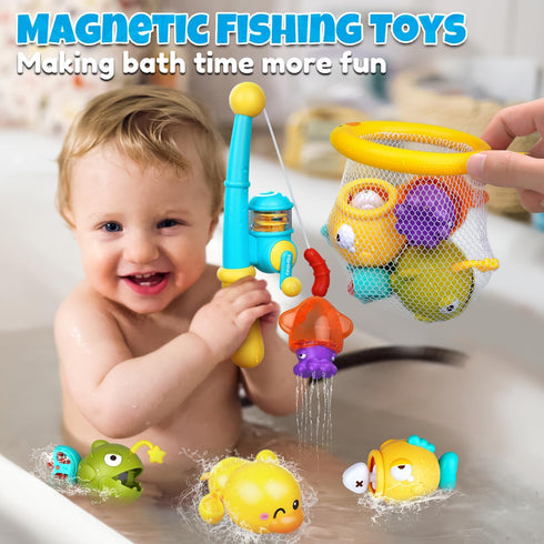 Baby Bath Toys for Kids Ages 1-3, Magnetic Fishing Games with Floating Bathtub Wind-Up Toys & Fishing Net, Fishing Rod Water Pool Toys for Toddler...