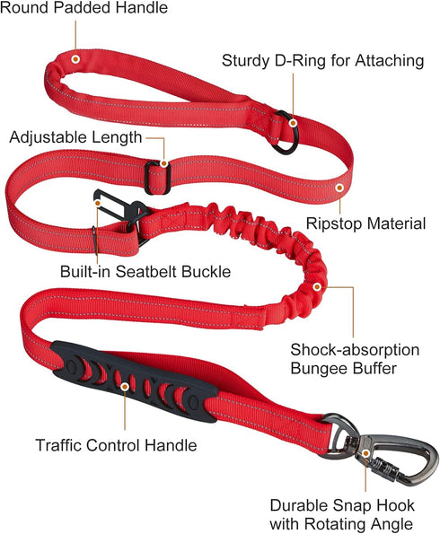 6FT Heavy Duty Dog Leash - Tactical Dog Bungee Leash No Pull Shock Absorption with Car Seat Belt Buckle & Traffic Handle for Safety - Multifunctio...