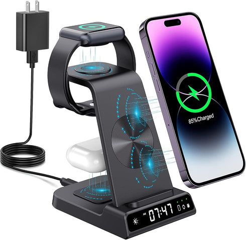 Wireless Charging Station, YiJYi 3 in 1 Watch Charger Stand with Digital Clock Suitable for iWatch SE/6/5/4/3/2/1,AirPods Pro, for iPhone 15/14/13...