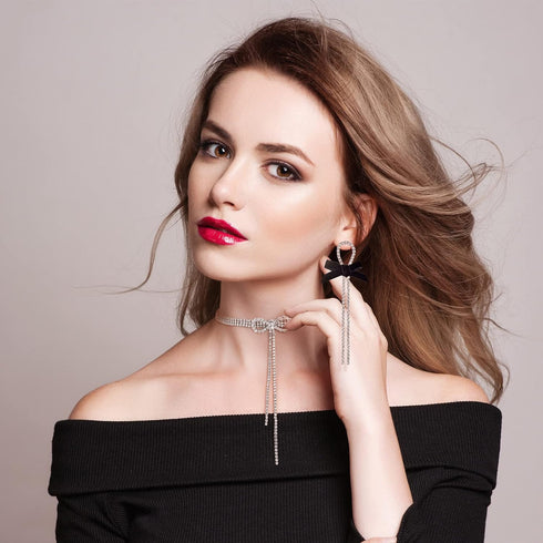 PAGOW 3pcs Rhinestone Silver Necklace Choker, Sparkly Crystal Bling Black Bowknot Earring Pendant Set Diamond Chain Nightclub Wedding Brithday Par...