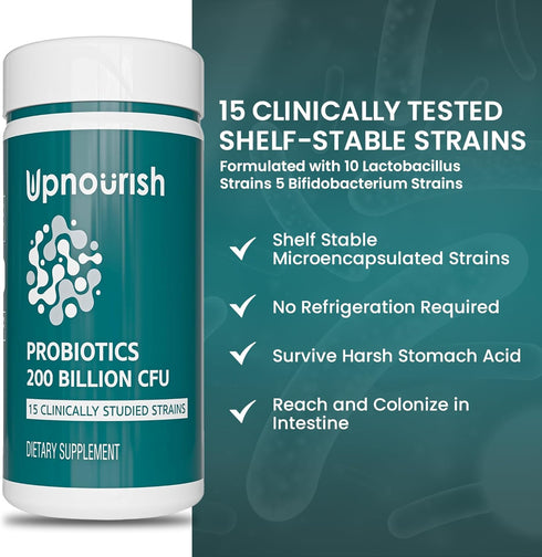 UpNourish Probiotics - 200 Billion CFUs, 15 Strains, Prebiotics & Enzymes - 60 Vegan Capsules...