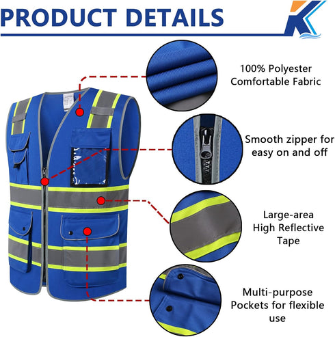 Safety Vest for Men Women 9 Pockets High Visibility Safety Vests with Reflective Strips Hi Vis Reflective Construction Work Vest,Meets ANSI/ISEA S...