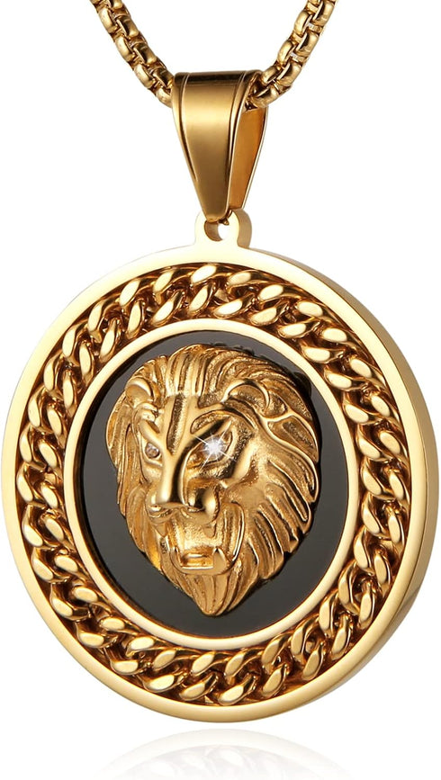 Hip Hop Jewelry 3D Lion Head Shiny Circle of Cuban Link Pendant Gold Medallion Lion King Leo Necklace for Men Women...