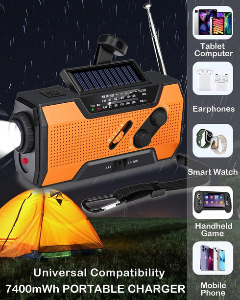 Emergency Weather Radio, Hand Crank, Portable, Solar Charging, with AM/FM/NOAA, LED Flashlights, Reading Lamp, SOS Alarm, Rechargeable (WB02 Yello...