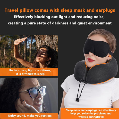 MLVOC Travel Pillow 100% Pure Memory Foam Neck Pillow, Comfortable & Breathable Cover, Machine Washable, Airplane Travel Kit with 3D Contoured Eye...