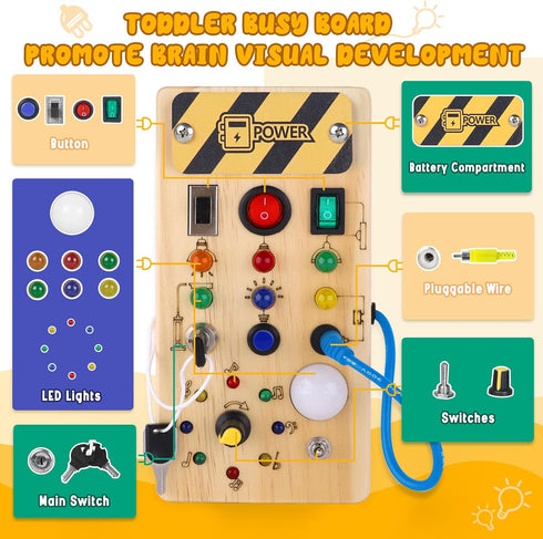 montessori toddler busy board, baby wooden busy board with 8 LED light switches, sensory toys light switch toys travel toys for 1+ year old baby a...