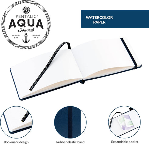 Pentalic 3.5" x 5.375" Aqua Journal, Watercolor, 48 Pages, Blue...