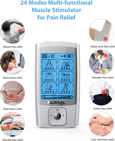 NURSAL 24 Modes TENS Unit Muscle Stimulator with Continuous Stimulation, Rechargeable Electronic Pulse Massager with 8 Pads for Back and Shoulder ...