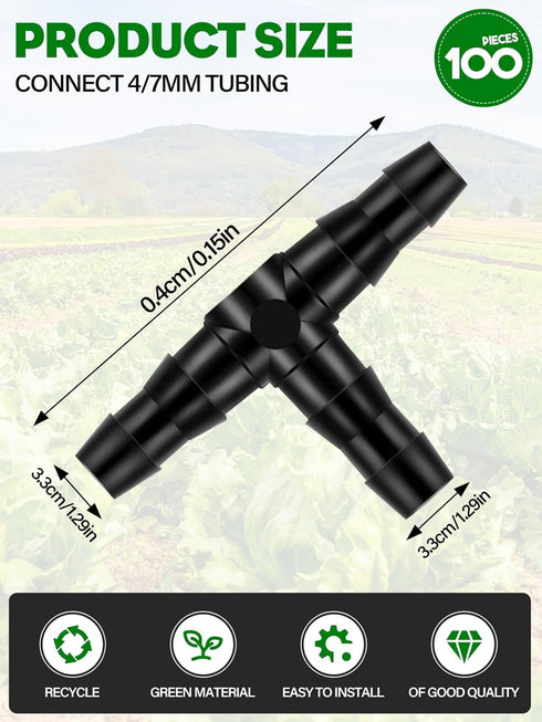 100PCS 1/4" Universal Barbed Tee Fittings, Kalolary 1/4 Inch Barbed Tee Connectors Drip Irrigation Fittings for 4mm/7mm Water Tube Parts Drip Irri...