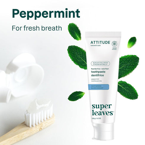 ATTITUDE Fluoride-Free Toothpaste, Plant- and Mineral-Based Ingredients, Vegan, Cruelty-Free and Sugar-Free, Whitening, Peppermint, 4.2 Oz...