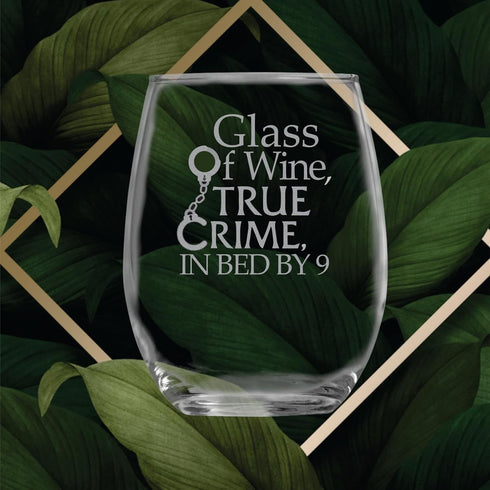 Glass of Wine, True Crime, In Bed by 9 (15 oz) Funny Birthday Wine Lover Glass Gift - Detective Theme, Unsolved Mysteries Fan, Halloween Wine Glas...