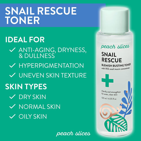 Peach Slices | Snail Rescue Blemish Busting Toner | 95% Snail Mucin | Pore Cleaner | Hydrates & Balances | Korean Skin Care | CICA | Hyaluronic Ac...