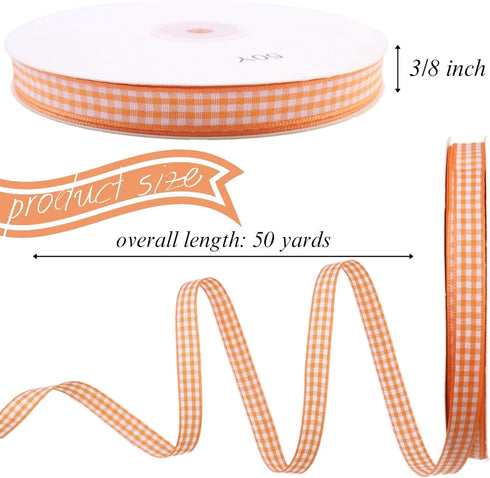 Orange Gingham Ribbon, 3/8" x 50Yards Roll Plaid Ribbon, Plaid Buffalo Ribbon for Hair Accessories, Craft and Gift Wrapping...