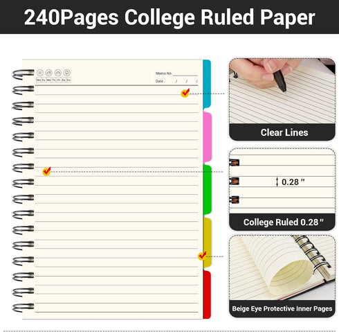 EUSOAR Notebook with Dividers, 1 Pack A5 5.5"x 8.3", 5 Subject, Hardcover College Ruled Paper 100gsm Thick, 120 Sheets/ 240 Pages, Notebooks & Wri...