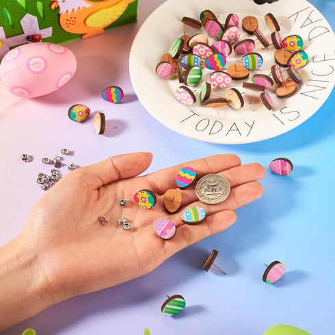 Beadthoven 24 Pairs Easter Egg Wooden Stud Earring Set Natural Wooden Earring Posts with Earrings Backs Colorful Printed Small Stud Earrings Pins ...