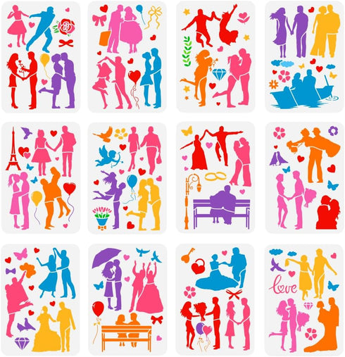 FINGERINSPIRE 12 Pcs Couple Silhouette Painting Stencil 8.3x11.7 inch Reusable Boy Girl Drawing Template DIY Romantic Love Valentine's Day Decor S...