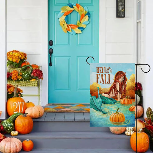 Hello Fall Lake Mermaid Home Decorative Garden Flag, Autumn Lakehouse Pumpkin Yard Lawn Outside Decor, Seasonal Outdoor Small Burlap Decoration Do...