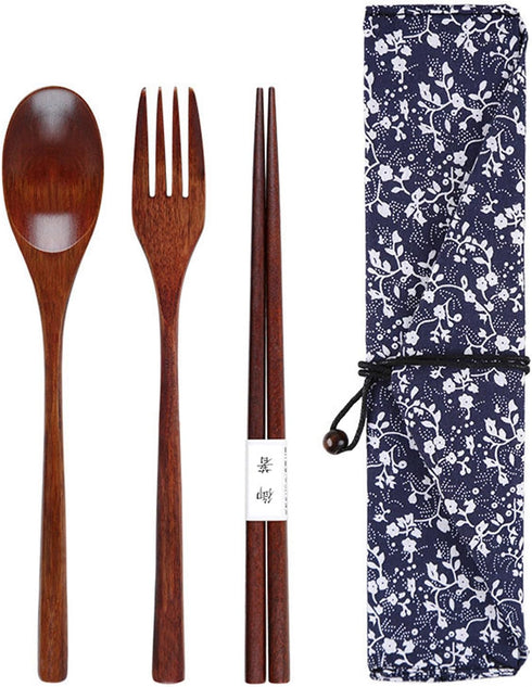 Wooden Flatware Set, 8.8"Chopsticks Spoon Fork Flatware Tableware Cutlery Set Travel Utensils Tied Line Reusable Flatware for Camping,Picnic,Offic...