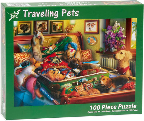 Vermont Christmas Company Traveling Pets Jigsaw Puzzle 100 Piece - Dog & Cat Themed Puzzle with Large Pieces - Perfect for Seniors & Kids - 19" x ...