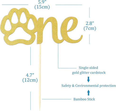 Gold Paw One Cake Topper - Golden Glitter Cardstock 1st Birthday Cake Smash Party Decoration Supplies for Baby, Single Sided Dog Paw First Birthda...