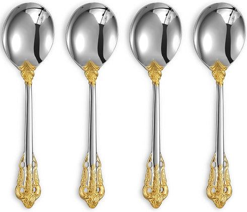 KEAWELL Gorgeous Round Soup Spoon, Set of 4, 18/10 Stainless Steel, Luxury Bouillon Spoon, Dishwasher Safe, Fine Mirror Polished (Gold Accent)...
