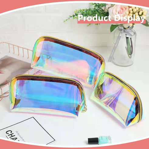 Holographic Makeup Bag Iridescent Cosmetic Pouch Clear Waterproof Portable Travel Cosmetic Pouch TPU Zippered Toiletry Organizer bag for Women 3PC...