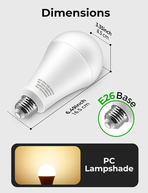300 Watt Equivalent Light Bulb, 33W Super Bright Garage Light Bulb, A23 LED E26 Warm White 3000K Bulb for Warehouse, Backyard, Non-Dimmable, 2-Pac...