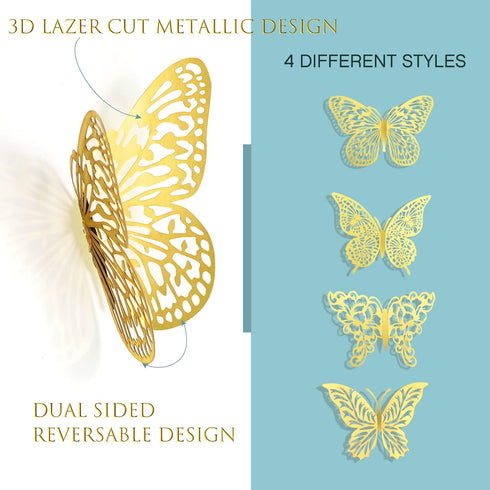3D Gold Butterfly Wall Decor 3 Sizes 4 Styles Butterfly Party Decorations Cake Decorations Removable Stickers Wall Decor Room Mural Metallic Kids ...