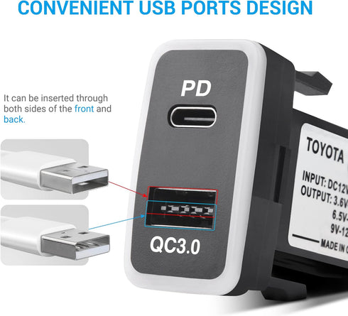 MICTUNING 12V/24V USB Type C Car Charger Replacement for Toyota, Dual USB Ports QC3.0 & PD Type C Car Power Socket Compatible with iPhone iPad PDA...