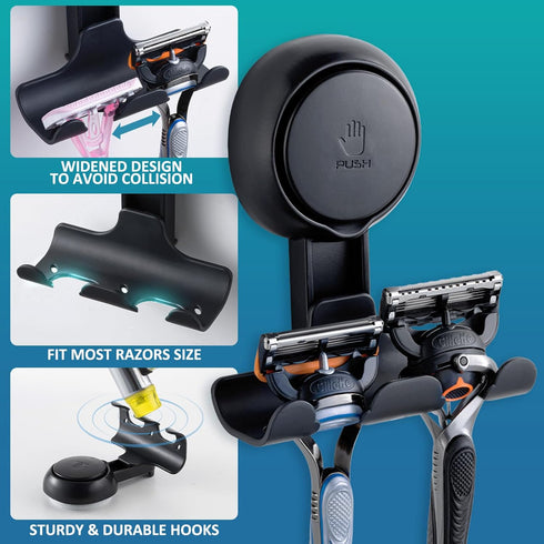 TAILI Shower Razor Holder Suction Cup 2 Packs, Heavy Duty Reusable Vacuum Suction Razor Hook, Bathroom Wall Hooks for Razor Towel Robe, Black...