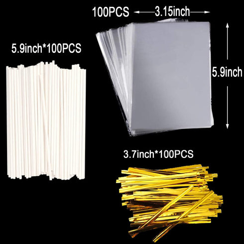 300PCS Lollipop Cake Pop Treat Bag Set Including 100pcs Parcel Bags, Papery Treat Sticks, Gold Metallic Twist Ties for Making Candies, Chocolates ...